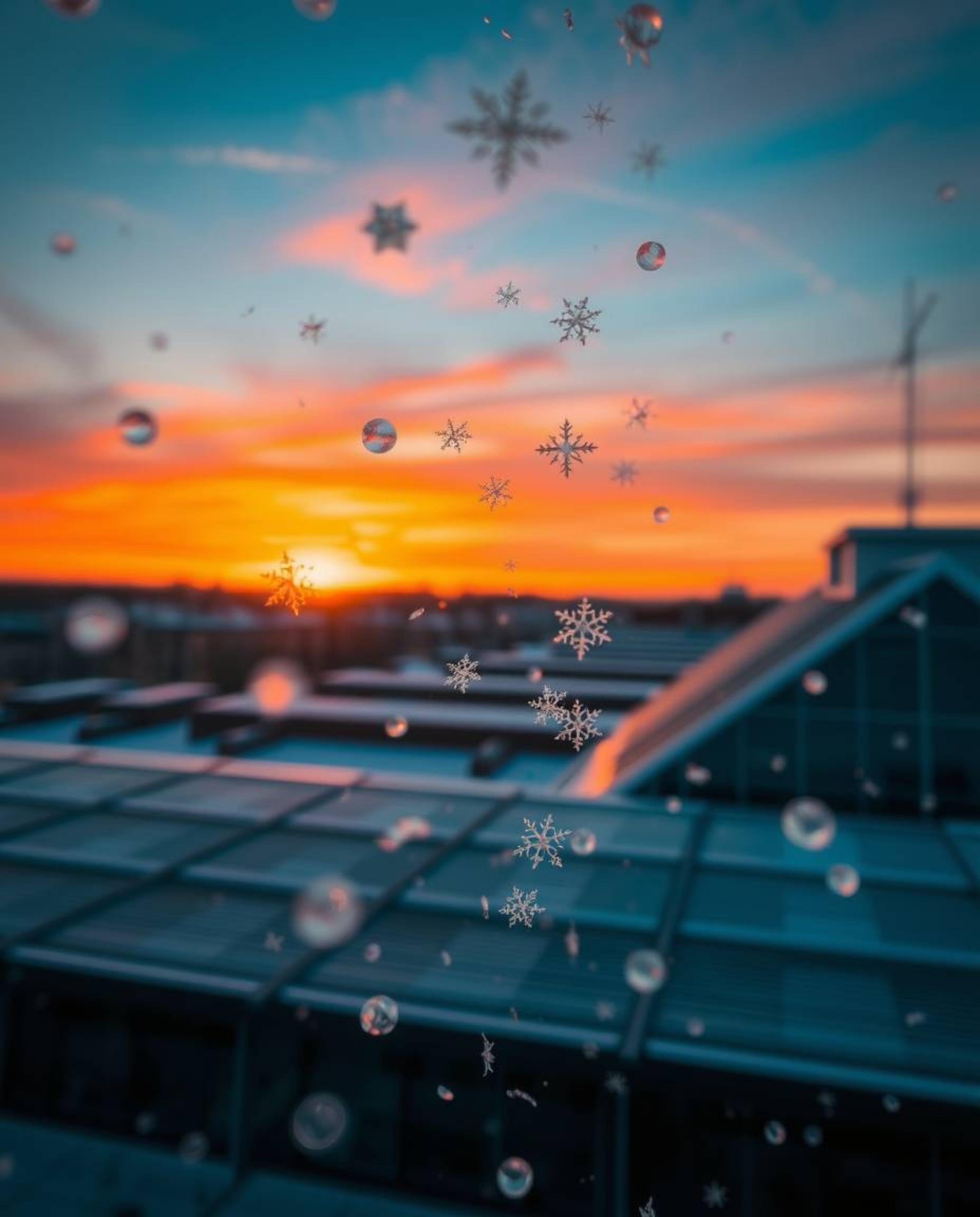 A precise work of architectural color photography captures dynamic snowflakes falling against the backdrop of a vibrant sunse