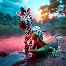 A captivating cinematic image portrays a 3D cartoon zebra narrowly escaping a crocodile's jaws by the riverbank. The scene is