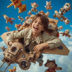 A captivating high-fashion photography showcasing a joyful boy with bright eyes, wearing a stylish outfit. He's hilariously l