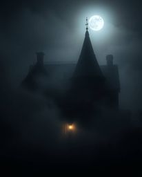 Experience the eerie beauty of a fog-covered Victorian mansion bathed in soft moonlight. The image contrasts gentle, soft lig