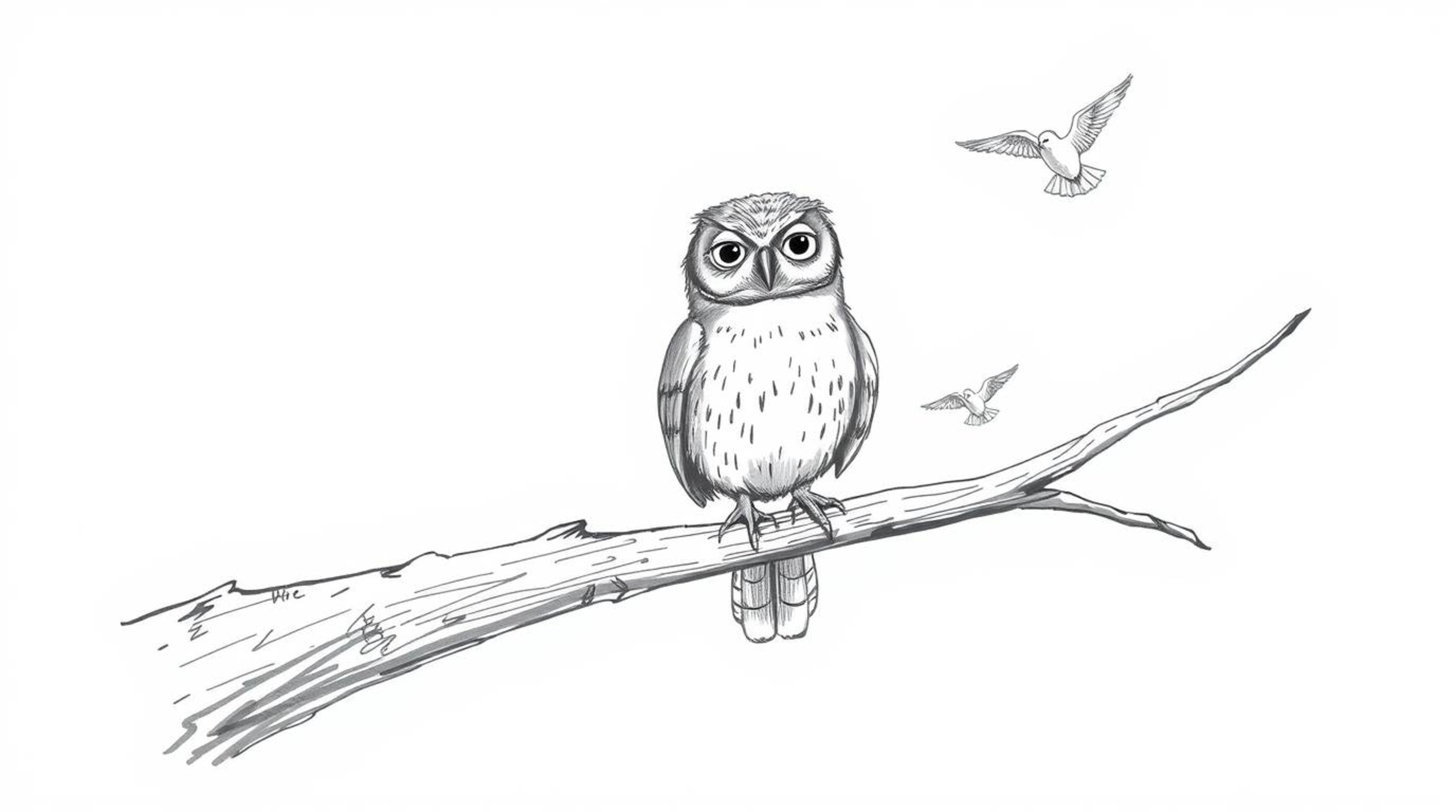 A beautifully textured, hand-drawn sketch reminiscent of Pixar animation depicts a blind owl perched on a hollow branch, subt
