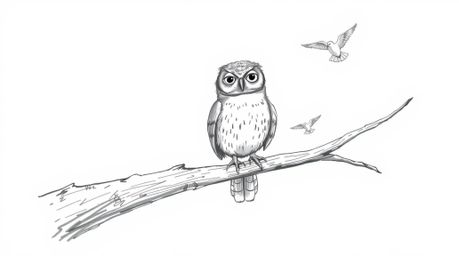 A beautifully textured, hand-drawn sketch reminiscent of Pixar animation depicts a blind owl perched on a hollow branch, subt