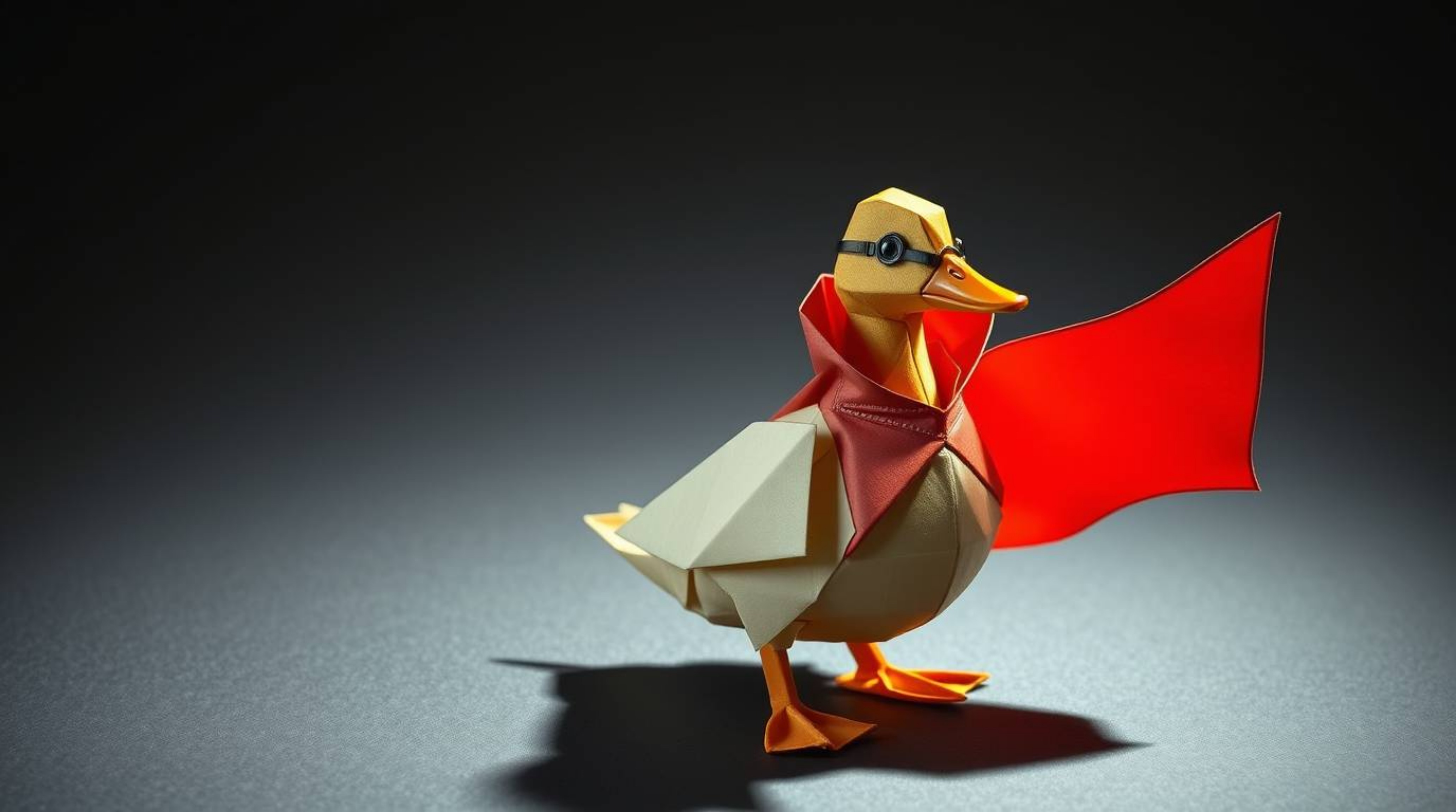 Witness the intricate beauty of origami with this zany superhero duck design. Crafted with geometric precision, this folded p