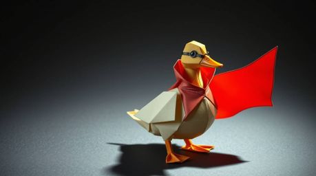 Witness the intricate beauty of origami with this zany superhero duck design. Crafted with geometric precision, this folded p