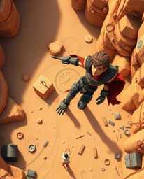 Embark on a breathtaking futuristic desert adventure viewed from an overhead bird's-eye perspective. Imagine a brave hero nav