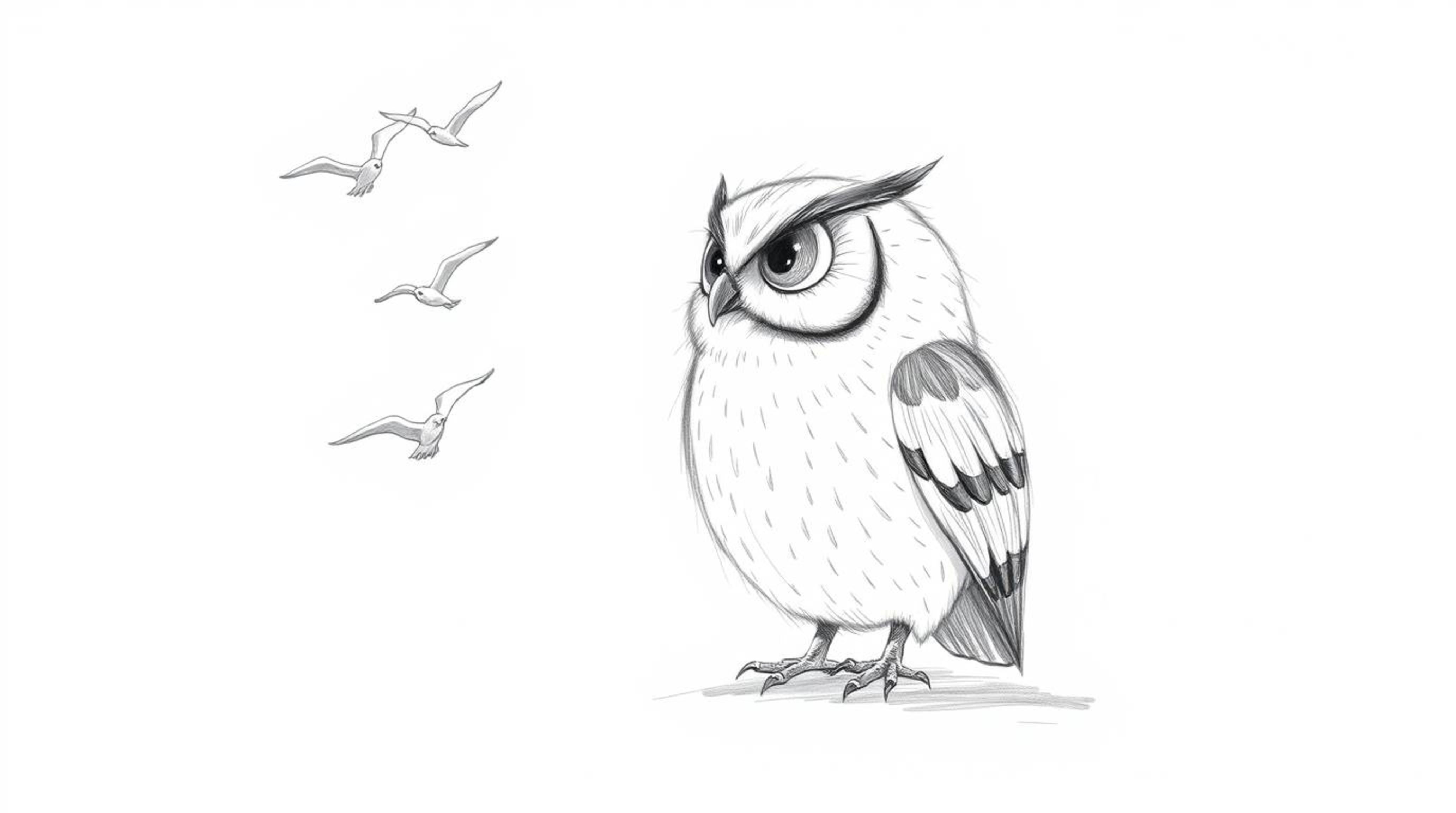 A gentle, soft-lit hand-drawn pencil sketch depicts a blind owl, rendered in a Pixar-esque style, teaching birds to fly. The 