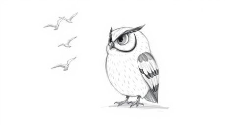 A gentle, soft-lit hand-drawn pencil sketch depicts a blind owl, rendered in a Pixar-esque style, teaching birds to fly. The 
