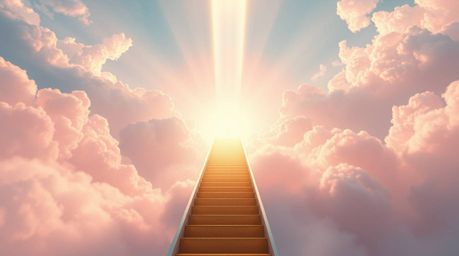 A digitally painted image depicts a golden staircase ascending through soft pastel clouds towards a glowing heavenly light. S