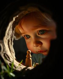 A captivating extreme macro close-up reveals a child's wondrous discovery: a swirling magical portal in their backyard. Chia