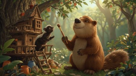 A high-resolution stock photo captures a beaver with a warm, gentle expression, busily constructing an intricately designed, 