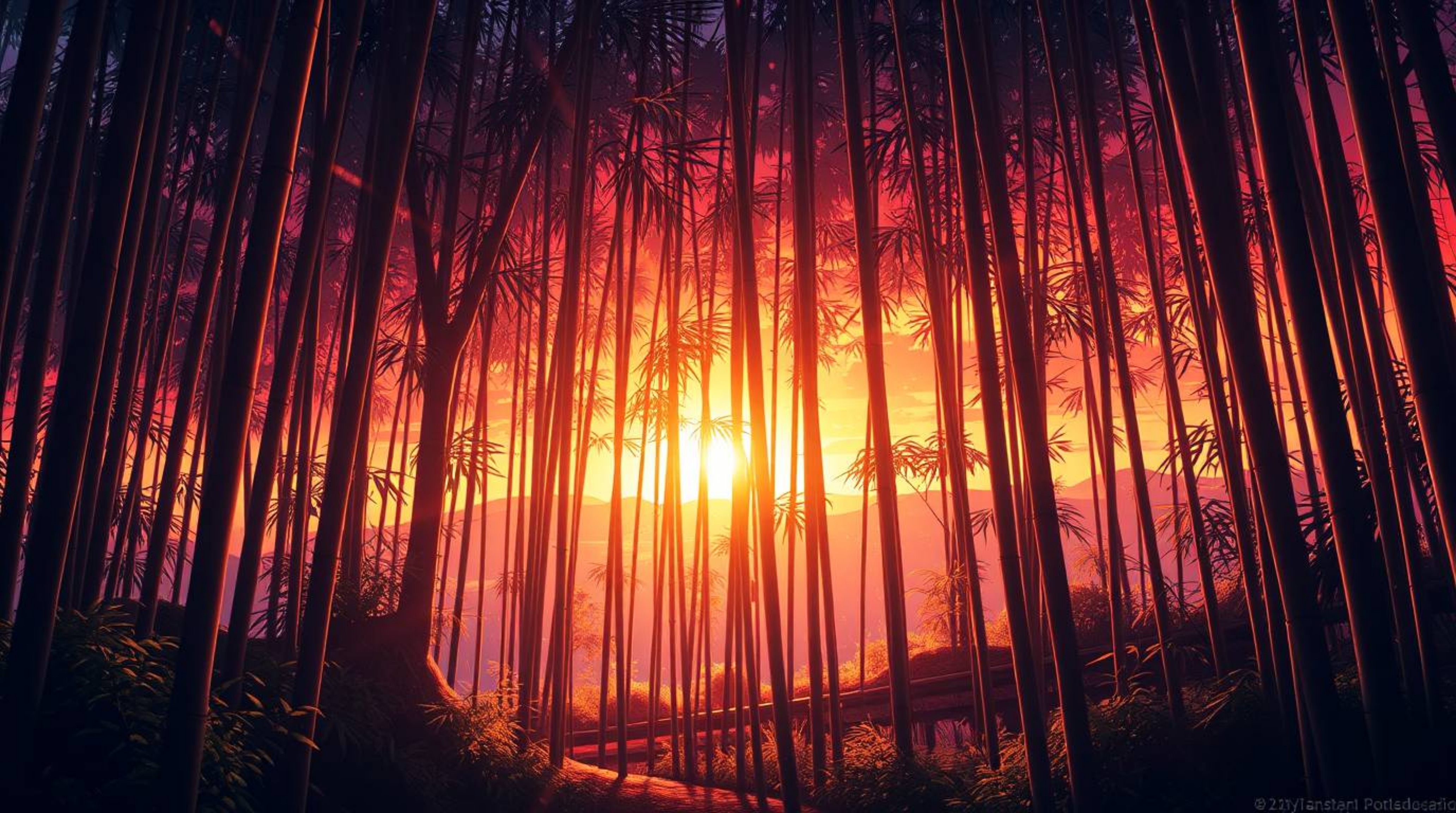 Experience an ethereal spiritual vibe with this Isekai anime style image, depicting a bamboo forest bathed in the warm glow o
