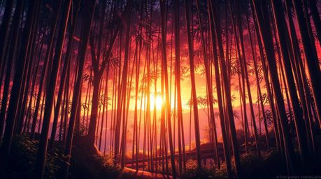 Experience an ethereal spiritual vibe with this Isekai anime style image, depicting a bamboo forest bathed in the warm glow o