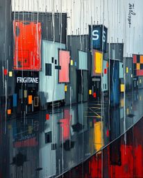 This classic oil painting captures a wet, rainy scene rendered in abstract shapes, enhanced with glitch effects, fragmentatio