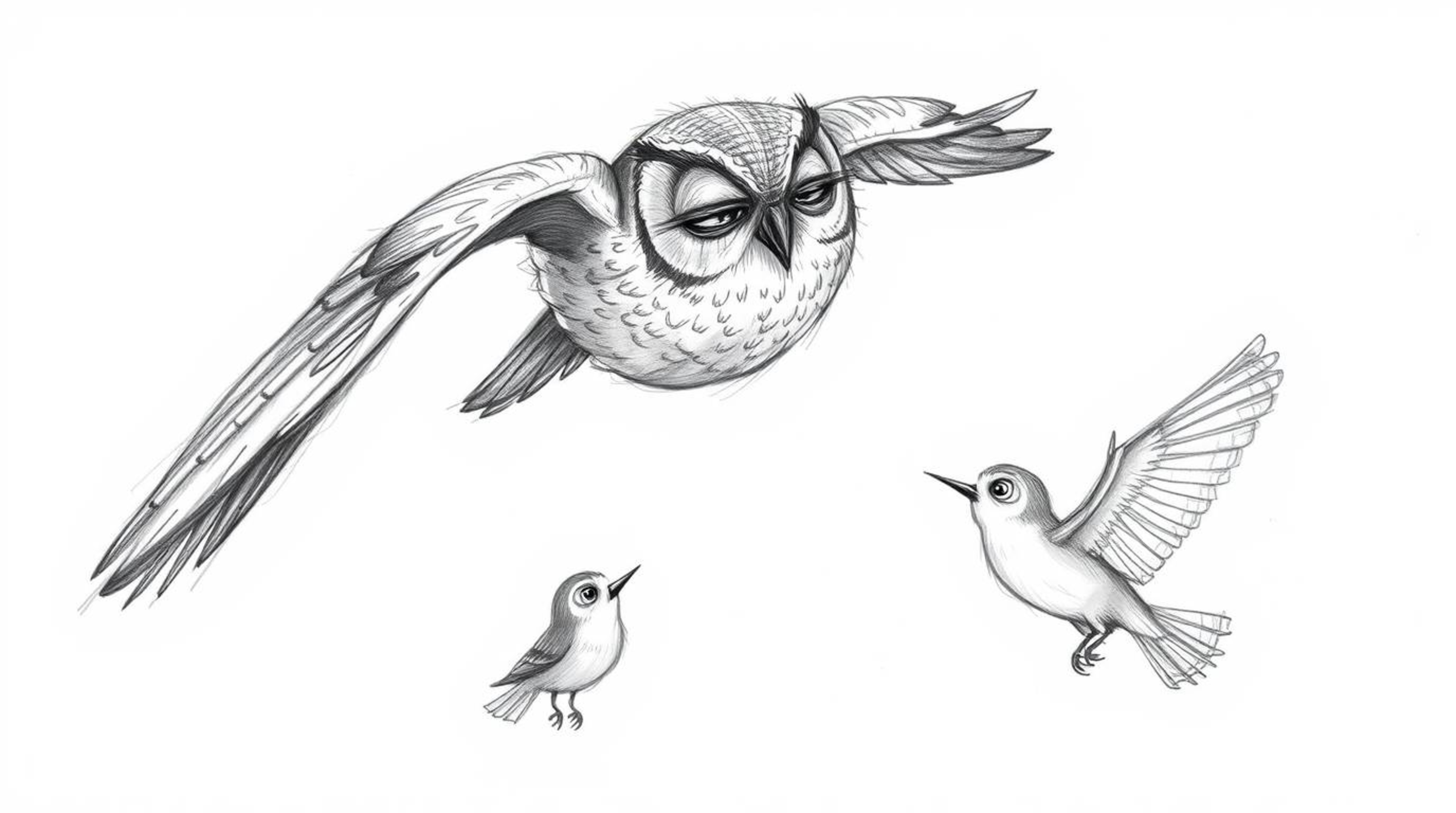A heartwarming Pixar-style sketch depicts a blind owl meticulously guiding small birds on their first flight. The scene is fu