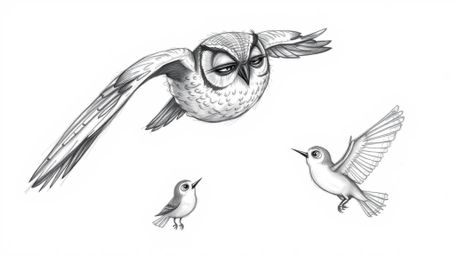 A heartwarming Pixar-style sketch depicts a blind owl meticulously guiding small birds on their first flight. The scene is fu