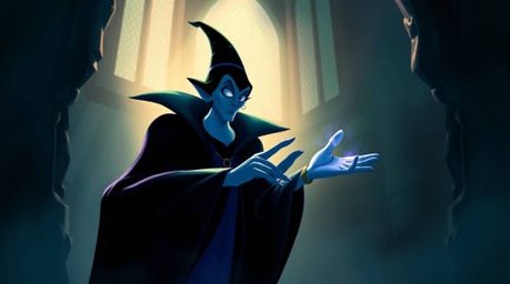 A captivating digital painting depicts a classic Disney villain casting a spell within a dimly lit, ancient castle. The artw