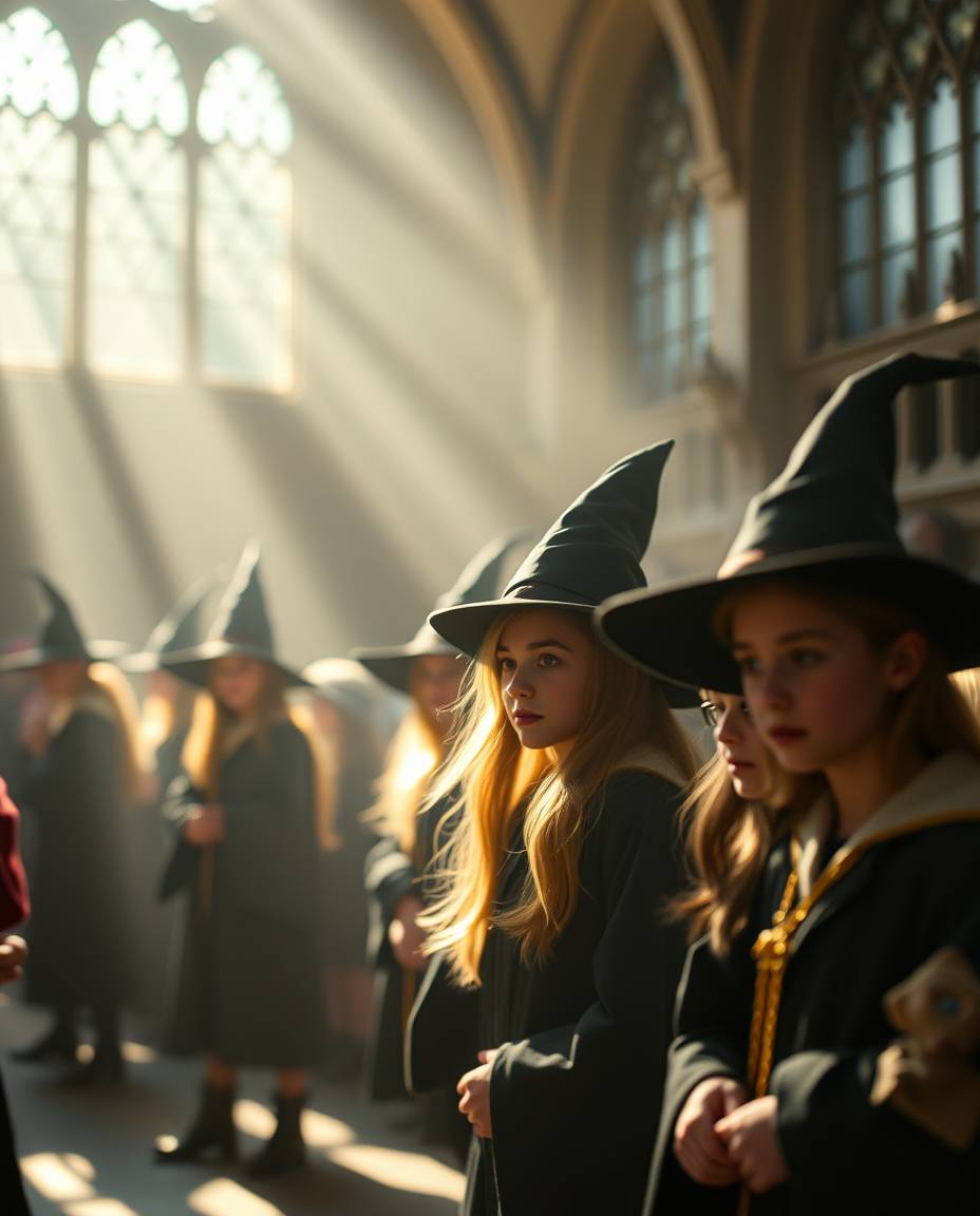 Discover a captivating image of a magical school filled with young wizards.  The scene is rendered with a gentle, soft light 