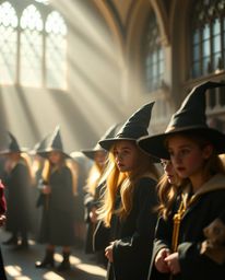 Discover a captivating image of a magical school filled with young wizards.  The scene is rendered with a gentle, soft light 
