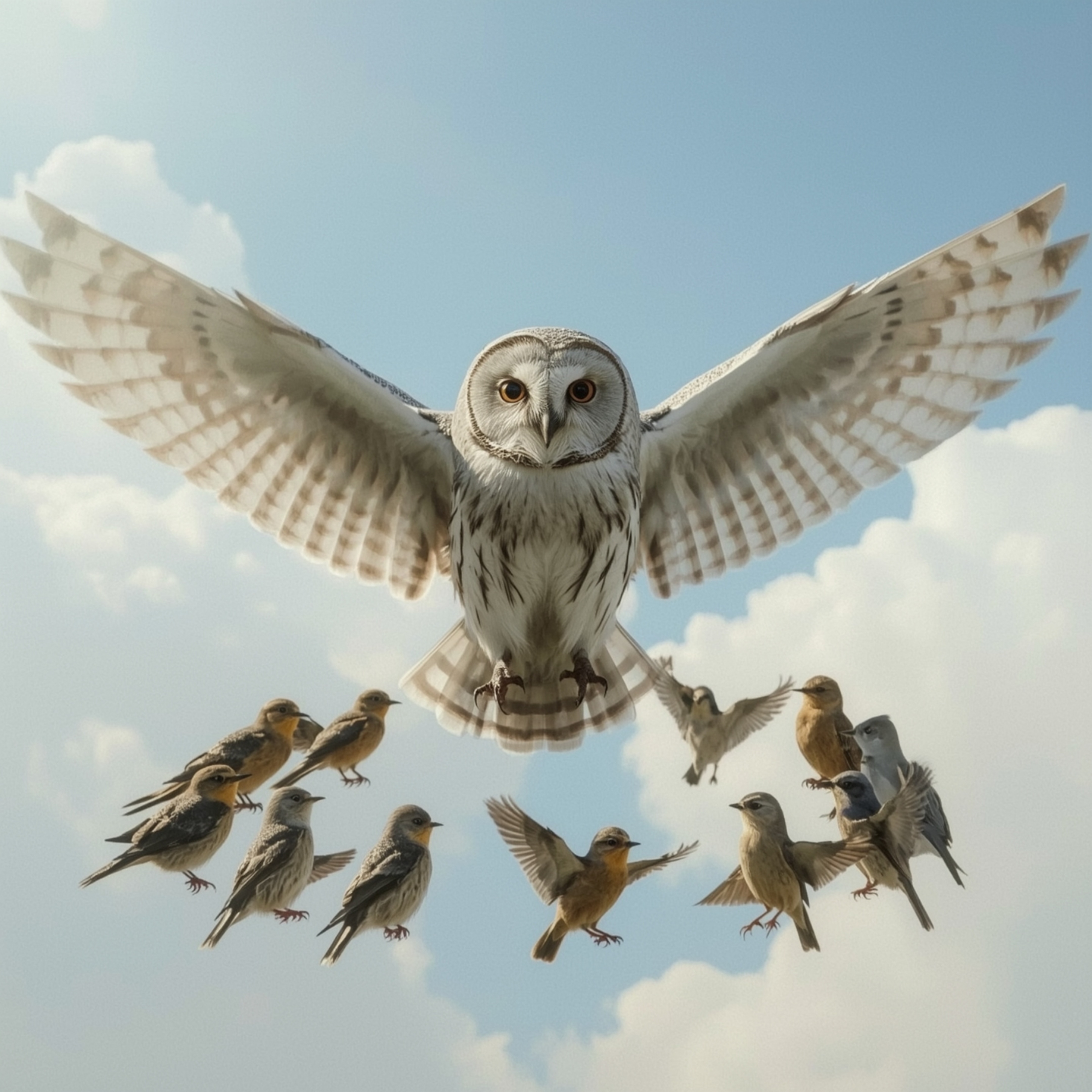 This exquisite high fashion photography captures a heartwarming scene of a blind owl, with a wise and gentle expression, teac