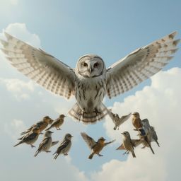 This exquisite high fashion photography captures a heartwarming scene of a blind owl, with a wise and gentle expression, teac