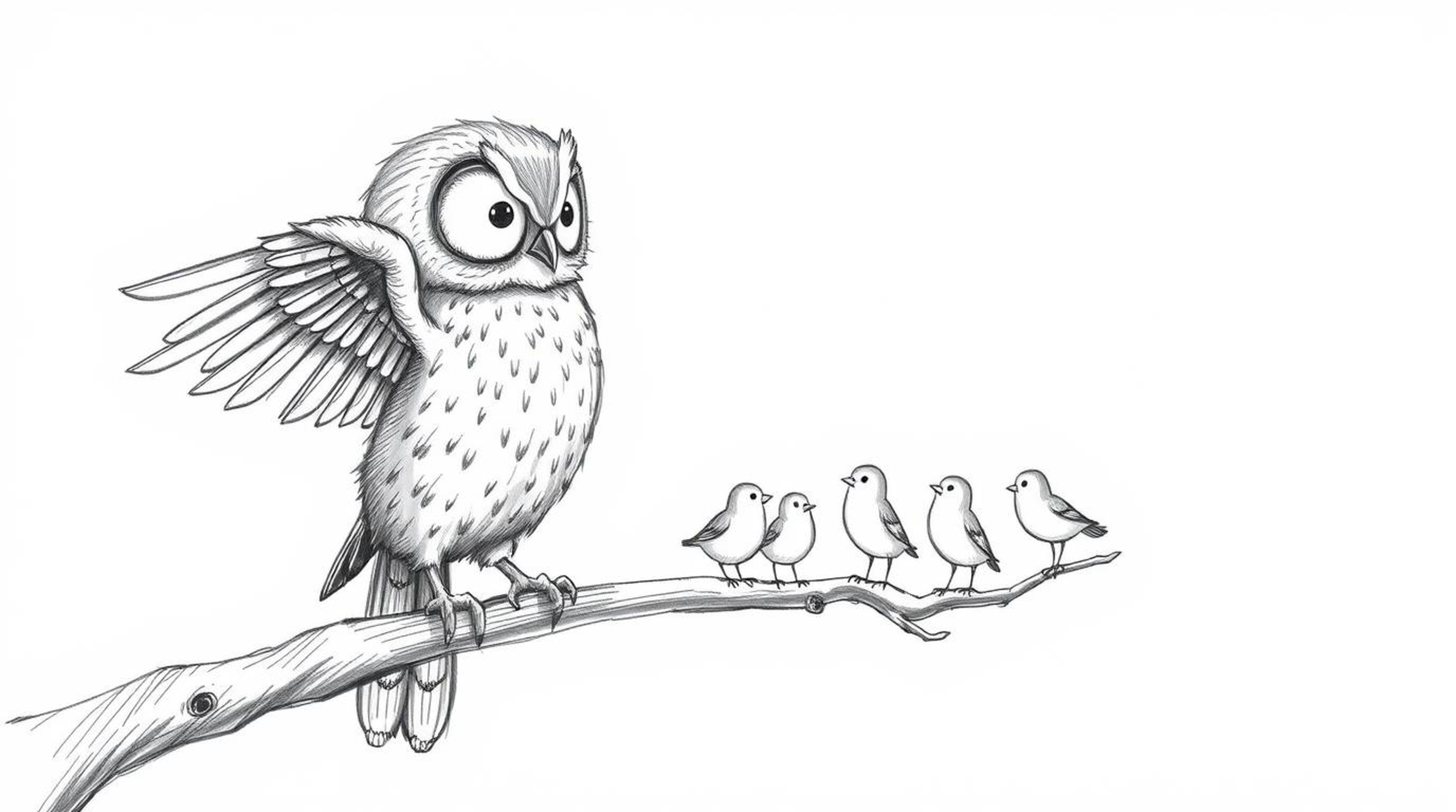 A charming hand-drawn sketch, rendered in a Pixar-inspired style, depicts a blind owl with meticulously textured feathers, gu