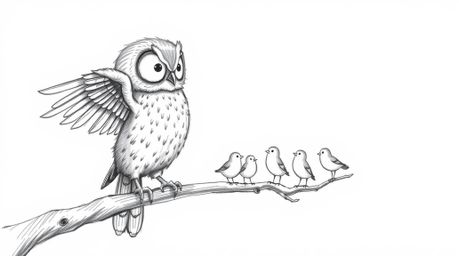 A charming hand-drawn sketch, rendered in a Pixar-inspired style, depicts a blind owl with meticulously textured feathers, gu
