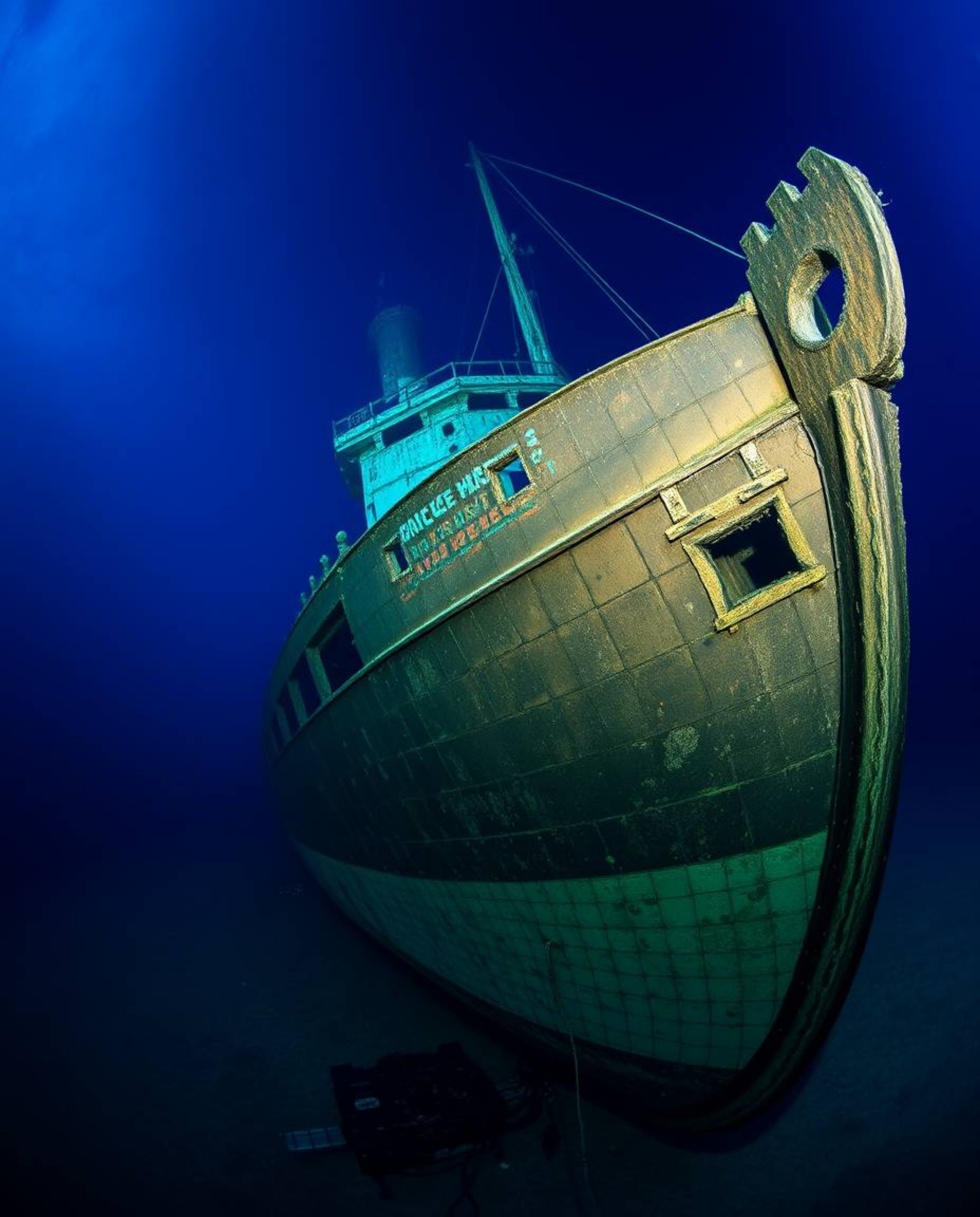 Explore a captivating underwater world with this wide-angle photograph of a shipwreck, illuminated by deep blues and greens. 