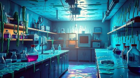 Immerse yourself in a visually striking science lab scene, overrun with slime and rendered in cool, captivating colors like b