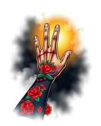 This traditional tattoo art print features a hand reaching towards light from a dark background, enveloped in thick fog. Vibr