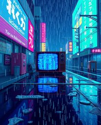 An Isekai anime illustration depicts a wet, rainy scene with a captivating blend of retro aesthetics.  The image features a T