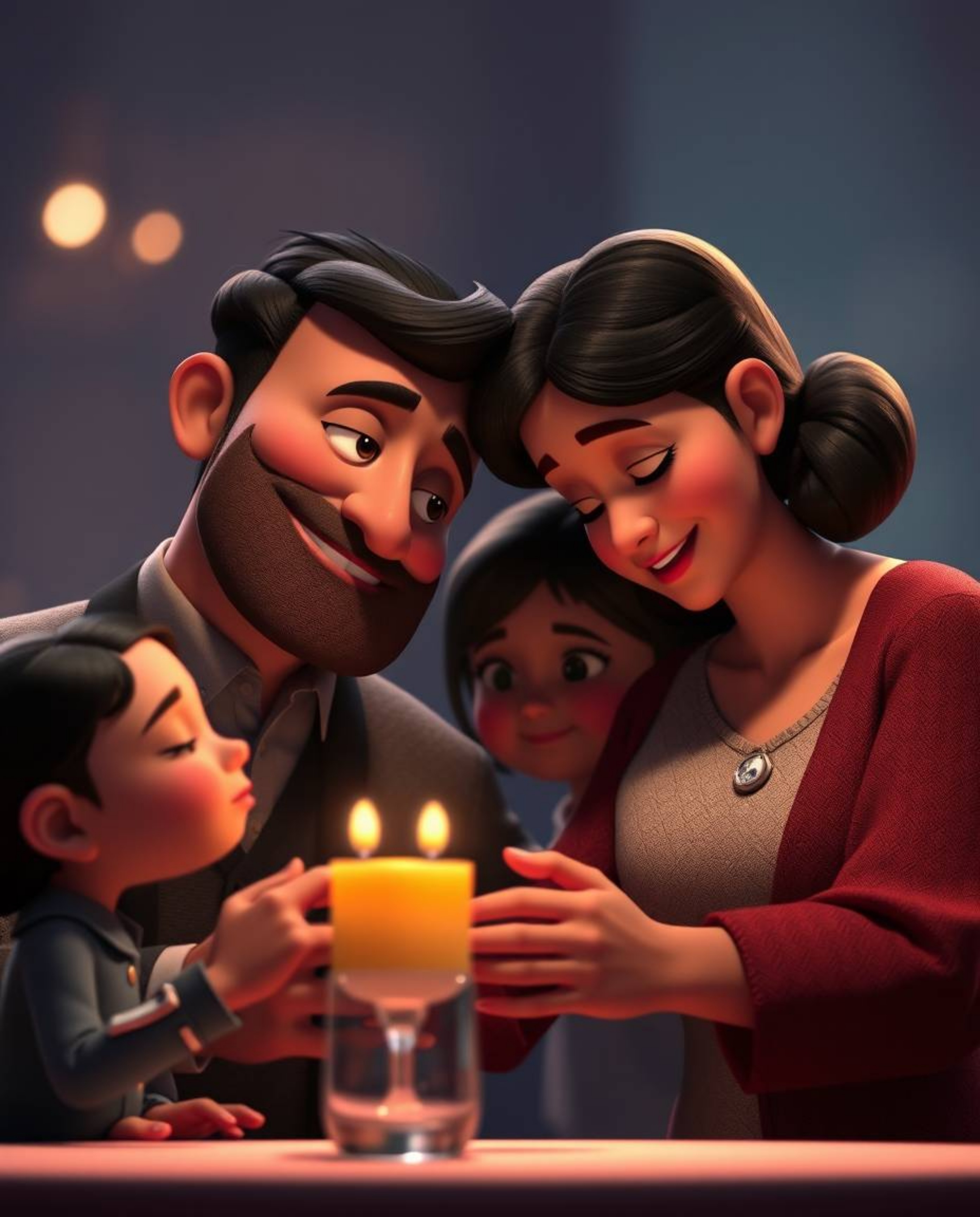 Experience a cinematic and heartwarming family reunion rendered in the iconic Pixar style. This scene is bathed in rich burgu