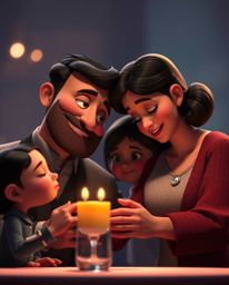 Experience a cinematic and heartwarming family reunion rendered in the iconic Pixar style. This scene is bathed in rich burgu