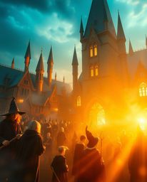 Discover a captivating image of a magical school filled with young wizards, bathed in the warm glow of golden hour.  This idy