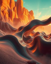 Experience a dramatic cinematic style with futuristic 3D fluid shapes rendered in earthy tones and a film-like composition.  