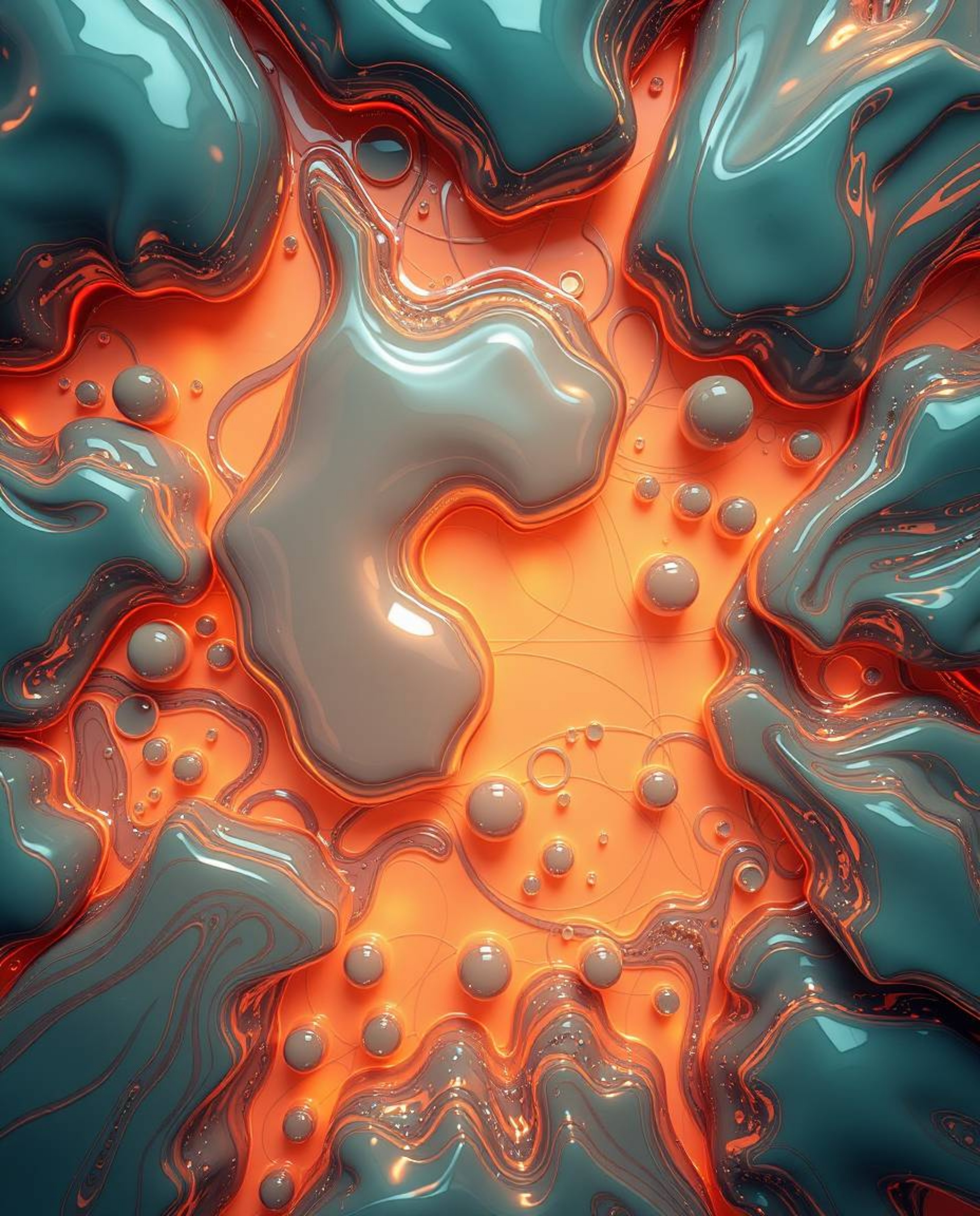 Explore an overhead, bird's-eye view fine art photograph featuring surreal 3D fluid shapes resembling melted glass in a hyper