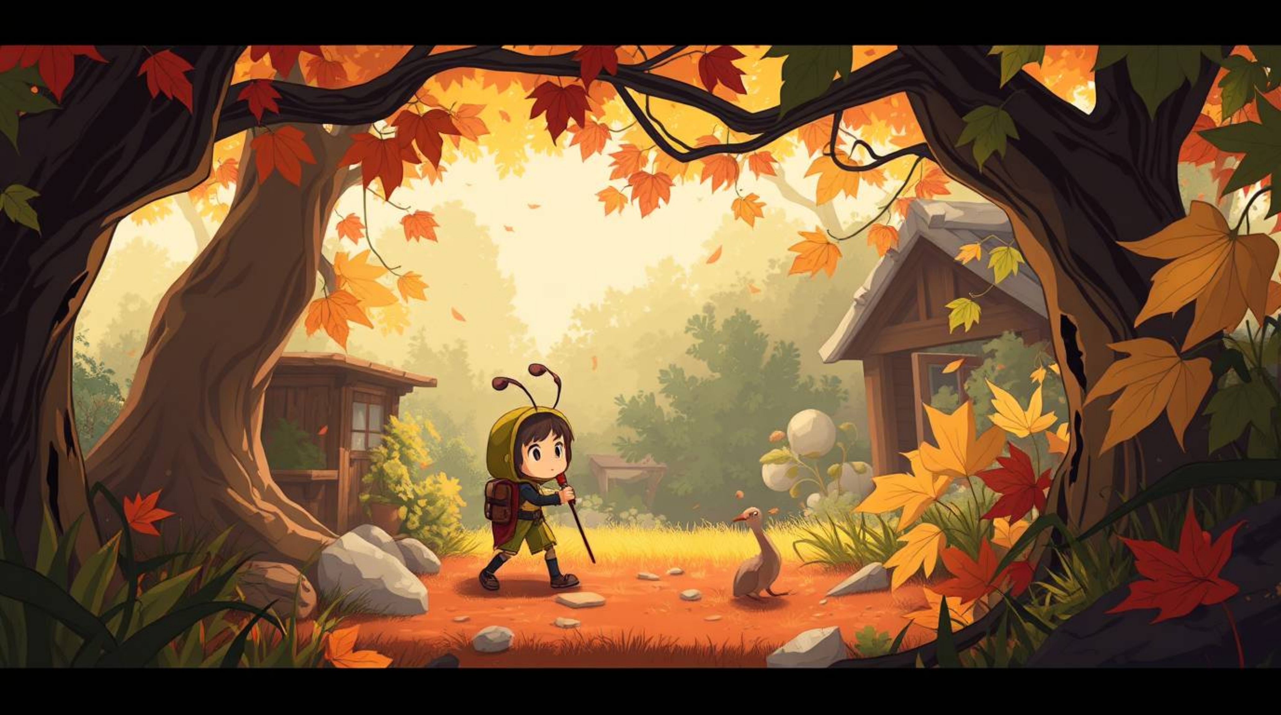 Explore a fantastical backyard jungle in this Isekai anime-style illustration, featuring a bug-sized hero navigating a vibran