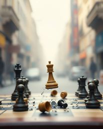 Capture the spontaneous energy of a chessboard frozen in mid-destruction. This candid street photography series features ches
