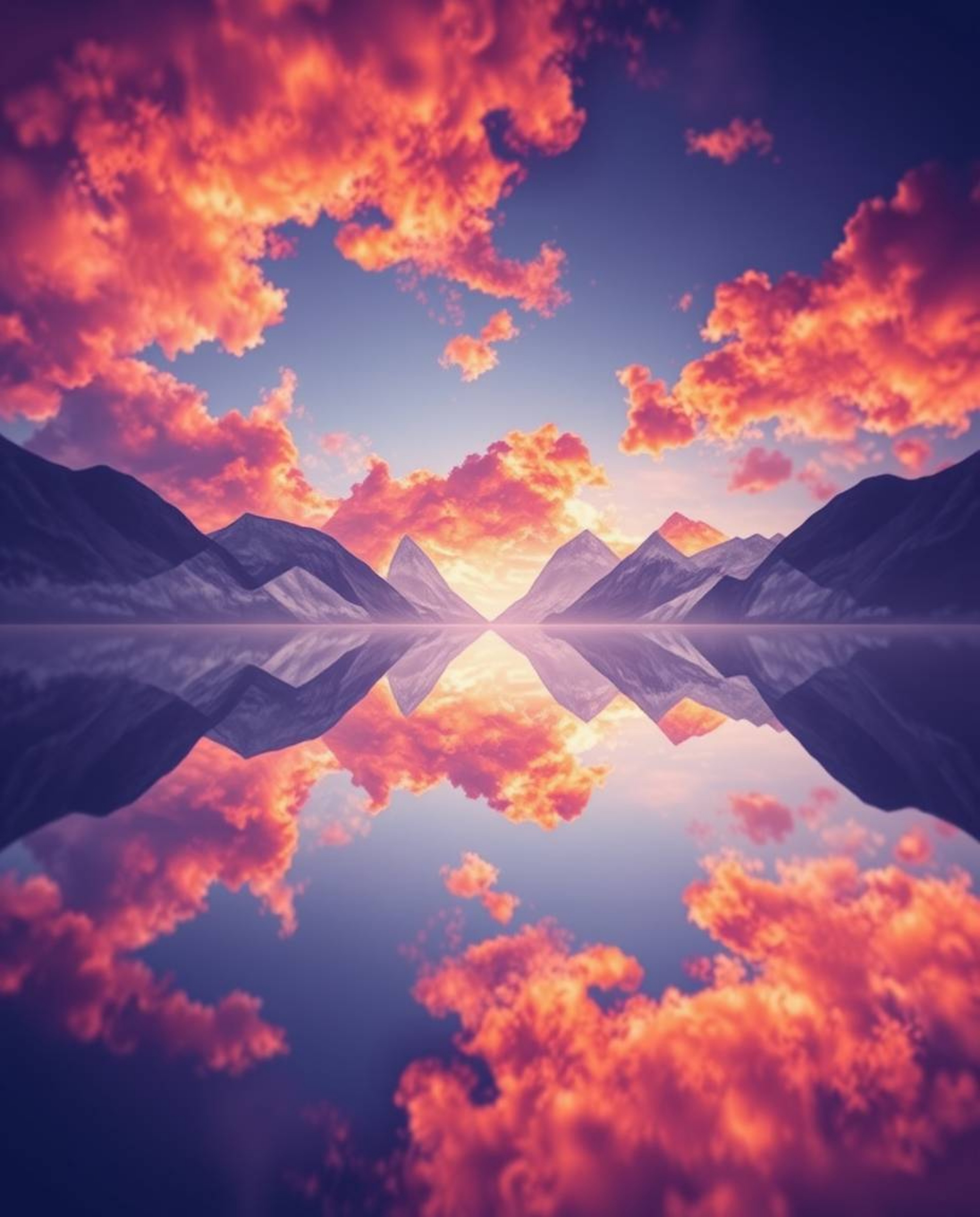 A dreamy, intricate origami-style image capturing the reflections of fiery clouds in a mountain lake. This piece is defined b