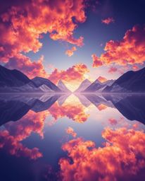 A dreamy, intricate origami-style image capturing the reflections of fiery clouds in a mountain lake. This piece is defined b