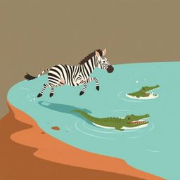 This modern flat design illustration depicts a 3D cartoon zebra in a thrilling escape from a crocodile. The artwork utilizes 