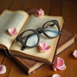 A captivating still life composition featuring vintage round-framed spectacles with thick, transparent lenses and intricate m