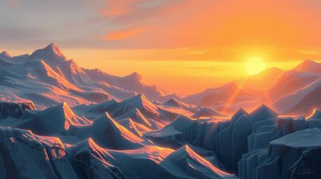 Explore stunning digital paintings featuring sunsets over icy glaciers, bathed in the warm glow of the golden hour. These art
