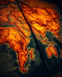 A breathtaking macro close-up captures a glowing map projection within a classic oil painting style, set in an old study. The