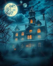 An Isekai anime-style depiction showcasing a fog-covered Victorian mansion bathed in moonlight. The expressive composition is