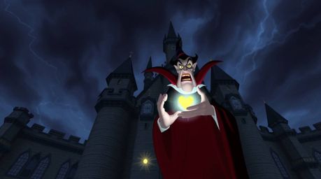 This captivating scene depicts a classic Disney villain with a sinister expression, deeply engrossed in casting a powerful sp