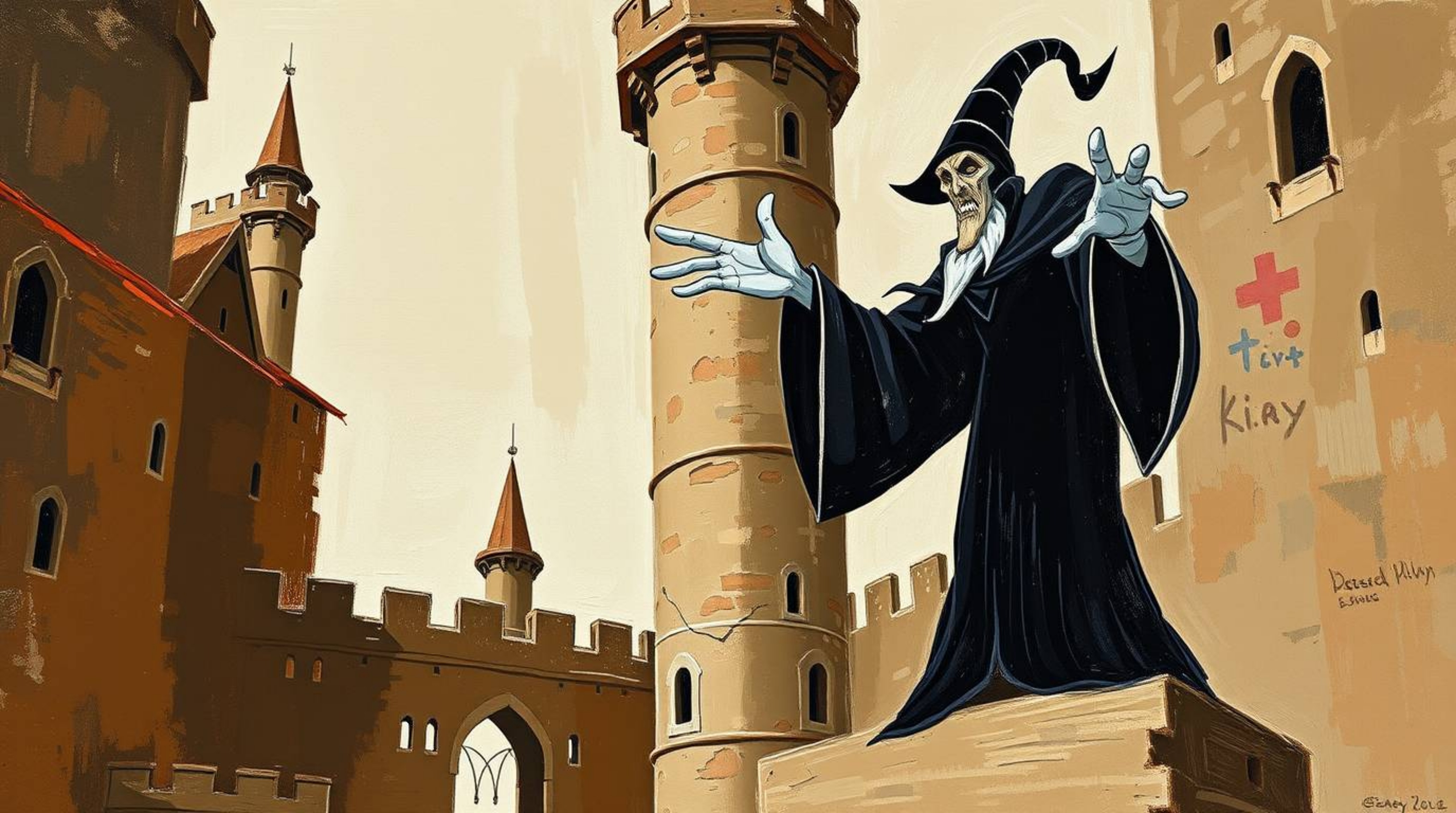 A bold acrylic painting depicts a classic Disney villain casting a spell within the walls of an ancient castle.  Rendered in 