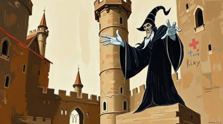 A bold acrylic painting depicts a classic Disney villain casting a spell within the walls of an ancient castle.  Rendered in 