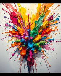 A vibrant explosion of colorful paint splashes against a pristine white canvas, bathed in a warm golden glow, reminiscent of 