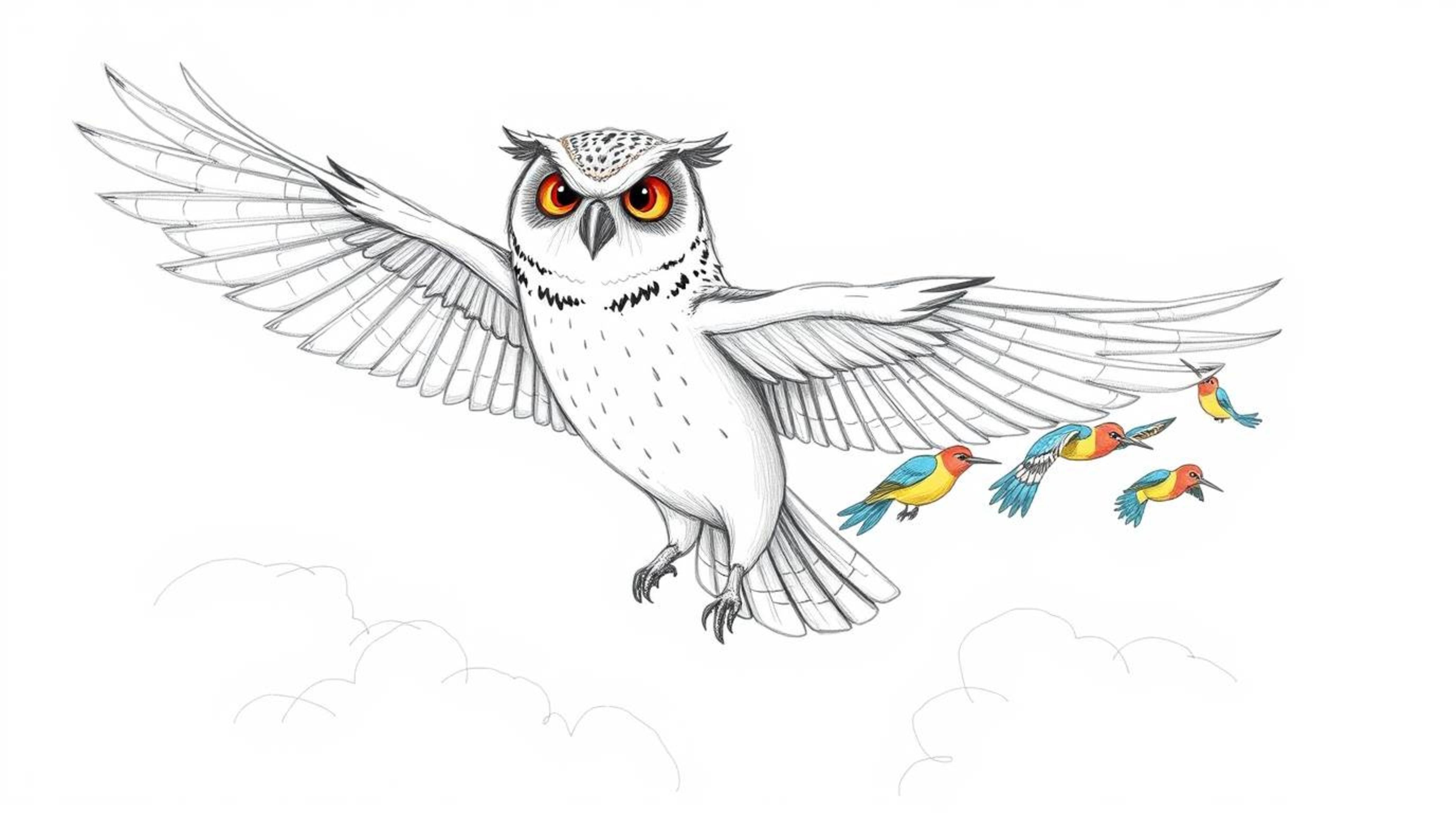 A heartwarming hand-drawn sketch in Pixar style depicts a blind owl with a calm demeanor, wings outstretched, leading a group