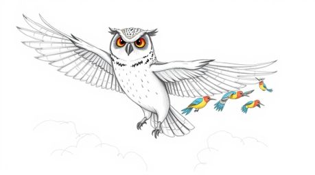 A heartwarming hand-drawn sketch in Pixar style depicts a blind owl with a calm demeanor, wings outstretched, leading a group
